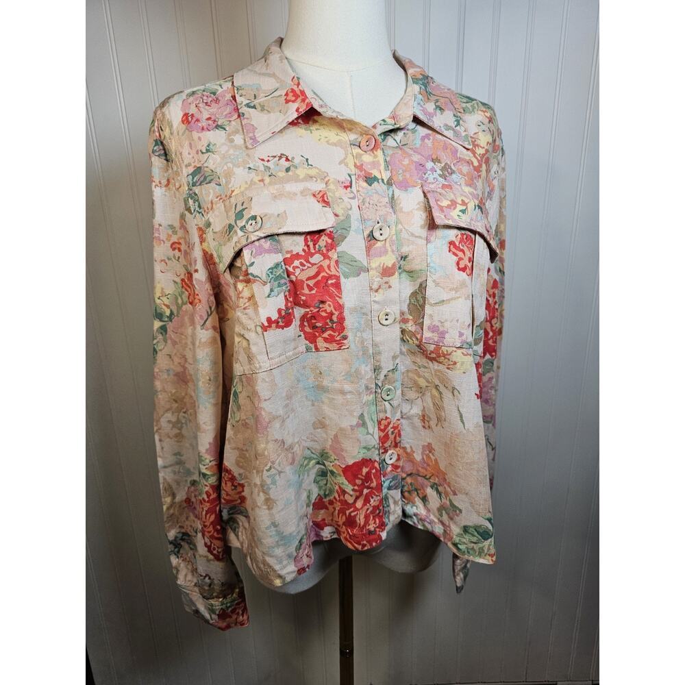 Patchington In Bloom Floral Linen Rayon Blend Button Front Cardigan Boho‎ Size M